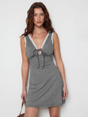 Gingham V-neck Lace Panel Slim A-line Mini Dress