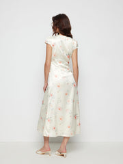 Satin Floral V-neck Puff Sleeve A-line Maxi Dress