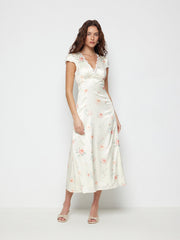 Satin Floral V-neck Puff Sleeve A-line Maxi Dress