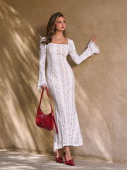 Floral Lace Square Neck Bell Sleeve Mermaid Maxi Dress