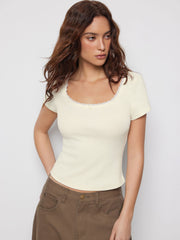 Jacquard Scoop Neck Lace Trim Pointelle Top