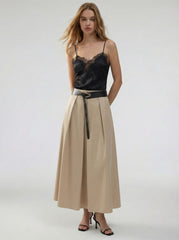 Mid Rise Zipper Maxi Skirt With Belt