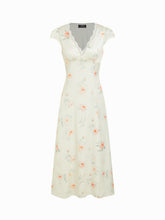 Satin Floral V-neck Puff Sleeve A-line Maxi Dress
