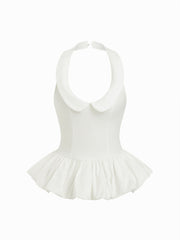 Cotton-blend Peter Pan Collar Peplum Hem Sleeveless Blouse