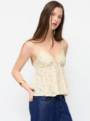 Ditsy Floral V-Neck Lace Trim Bowknot Oversized Cami Top