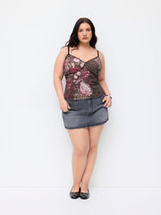 Mesh Leopard & Floral Graphic Lace Trim Cami Top Curve & Plus