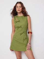 Cotton-blend Round Neckline Knotted Split Mini Dress