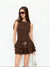 Round Neckline Tiered Hem Mini Dress With Studded Belt