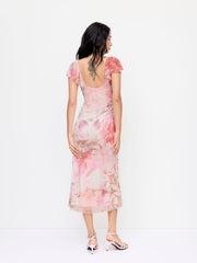 Mesh Sweetheart Floral Ruffle sleeve Mermaid Maxi Dress