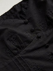 Cotton Embroidery Floral Ruffle Hem Button Blouse