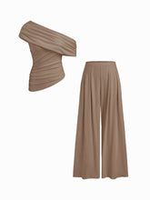 Asymmetrical Neck Ruched Top & Mid Rise Wide Leg Trousers Set