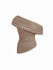 Asymmetrical Neck Ruched Top & Mid Rise Wide Leg Trousers Set