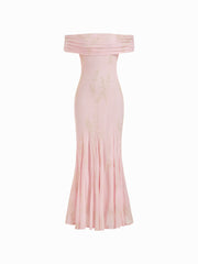 Mesh Floral Off-shoulder Ruched Mermaid Maxi Dress