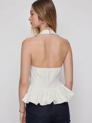 Cotton-blend Peter Pan Collar Peplum Hem Sleeveless Blouse