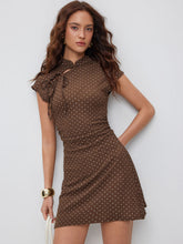 Mandarin Collar Polka Dot Ruched Textured Mini Dress