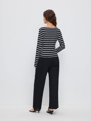 Boat Neck Striped Split Top & Mid Rise Wide Leg Trousers Set