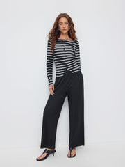 Boat Neck Striped Split Top & Mid Rise Wide Leg Trousers Set