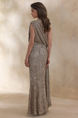Liori | Champagne Sequin Asymmetric-Neck Maxi Dress With Sash