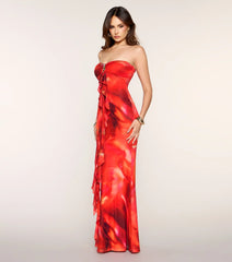 Shelly Abstract Print Mesh Ruffle Mermaid Dress