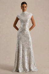 Cecy | Silver Sequin High-Neck Maxi Dress With Cap Sleeves