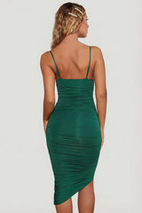 Cowl Neck Ruched Bodycon Midi Dress In Green