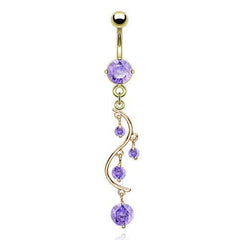 Surgical Steel Gold Plated Vine Cz Dangling Belly Ring