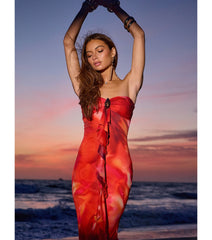 Shelly Abstract Print Mesh Ruffle Mermaid Dress
