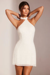 Embellished Asymmetric Neck A-Line Mini Dress In White