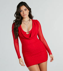 Vip Beauty Mesh Rhinestone Long Sleeve Mini Dress