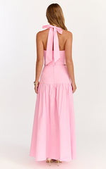 Anya Two Piece Top and Skirt Set - Gathered Halted Neck Top And High Waist Maxi Skirt in Pink