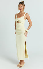 Bianca Midi Dress - Twist Front Cut Out Ruched Dress in Lemon