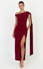 Cosette Midi Dress - Asymmetric Neckline Draped Shoulder Sash Dress in Wine