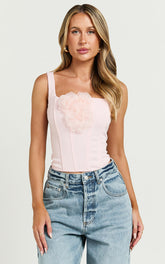 Grettel Top - Rosette Detail Panelled Corset Top in Pale Pink