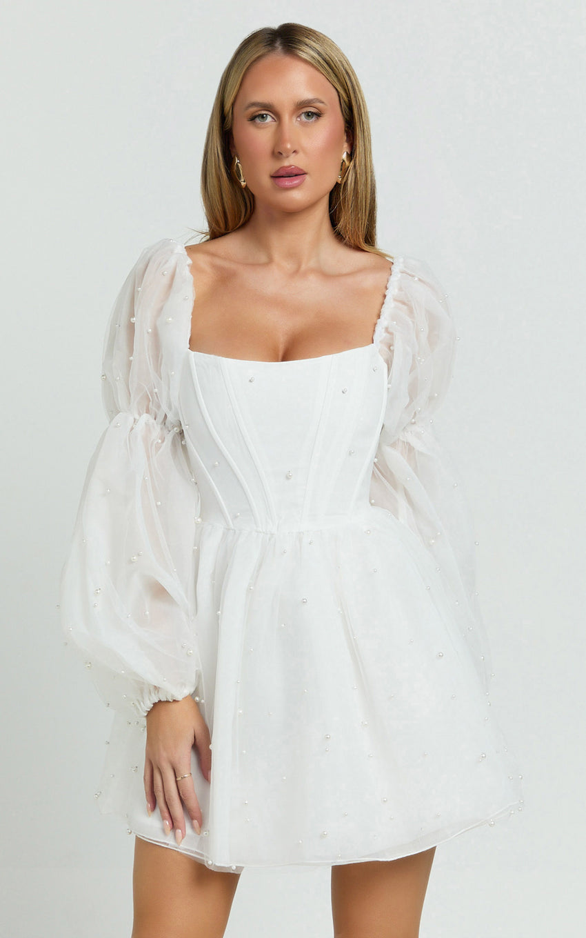 Ingrid Mini Dress - Long Puff Sleeve Pearl Detail Dress in White