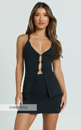 Kelly Two Piece Set - Recycled Long Line Knitted Top and Fitted Knitted Skirt in Black