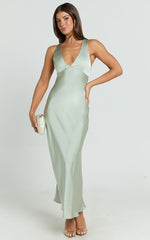 Khalani Maxi Dress - Deep V Neck Satin Slip Dress in Sage