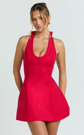 Lauren Mini Dress - Halter Scoop Neck Dress in Red