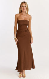 Lottie Midi Dress - Strapless Dress in Chocolate