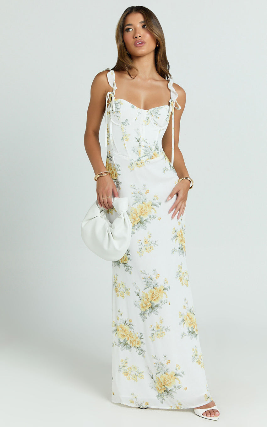 Mabel Maxi Dress - Georgette Frill Sleeve Sweetheart Bias Cut Dress in Antique Florals