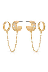 Double Piercing Bezel Crystal Dangle Earrings