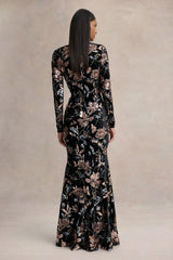 Lyric | Black Floral Velvet And Sequin Embellished Crew-Neck Maxi Dress