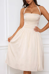 Halterneck Lace-Up Ruched Corset Midi Dress In Ivory