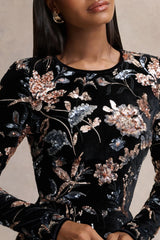 Lyric | Black Floral Velvet And Sequin Embellished Crew-Neck Maxi Dress