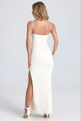 Plissé Ruffle-Trim Maxi Dress In Ivory