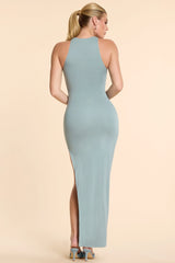 High Neck Racerback Ruched Modal Cashmere Blend Maxi Dress In Stone Blue