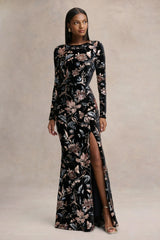 Lyric | Black Floral Velvet And Sequin Embellished Crew-Neck Maxi Dress