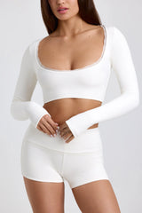 Ribbed Modal Lace-Trim Crop Top In White