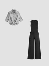 Cotton-blend Collar Striped Knotted Roll-up Long Sleeve Shirt & Solid Sleeveless Wide Leg Jumpsuit