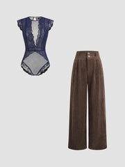 Lace Round Neckline Solid Cut Out See-through Bodysuit & Corduroy High Waist Solid Pleated Wide Leg TrousersSet