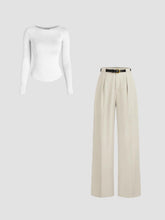 Round Neckline Solid Long Sleeve Tee & Mid Rise Solid Pocket Straight Leg Trousers With Belt Set